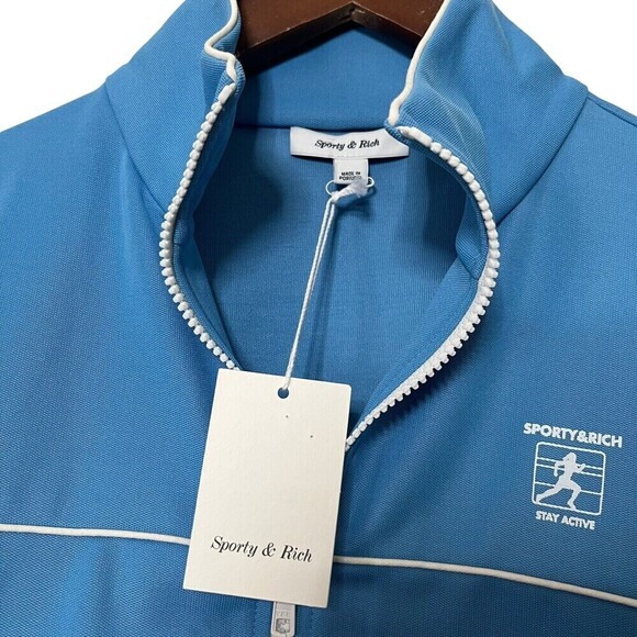 Sporty & Rich NWT Logo Track Jacket Women’s Size Medium Blue Zip Up Pockets - Picture 11 of 12